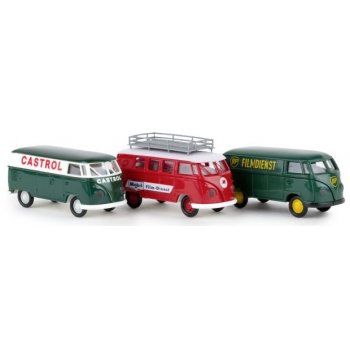 3er-Set VW T1 an der Rennstrecke, Castrol / Mobil Film-Dienst mit Dachträger / BP Filmdienst