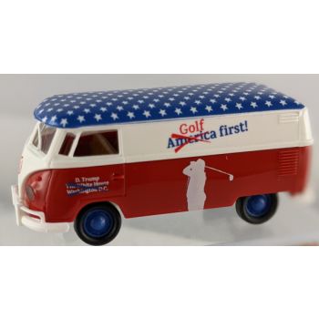 VW T1b Kasten, America - Golf first - Make Golf great again, ab heute ist Trump wieder Präsident, wechselseitige Bedruckung.
