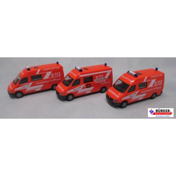 SET: 3 Mercedes-Benz Sprinter '99, Berufsfeuerwehr Stuttgart: HÖHENRETTUNG, EINSATZLEITUNG und  FEUERWEHRTAUCHER, jeweils mit Euro-Rettungslogo (Herpa