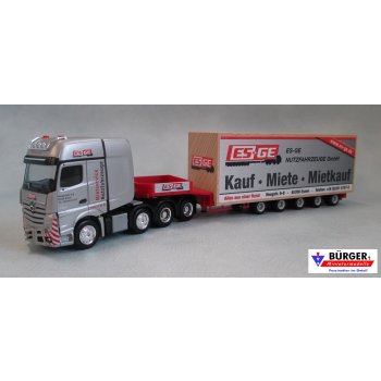 Mercedes-Benz SLT Schwerlast-Tiefladesattelzug, ES-GE- Nutzfahrzeuge GmbH Essen, beladen mit Holzkiste