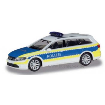 VW Passat Variant GTE, Polizei Hannover, weiß/blau mit leuchtgelbem Streifendekor