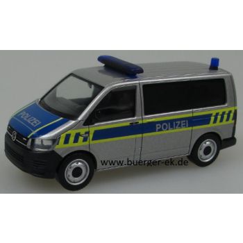 VW T6 Bus, Landespolizei Sachsen-Anhalt, silber/blau mit leuchtgelbem Streifendesign