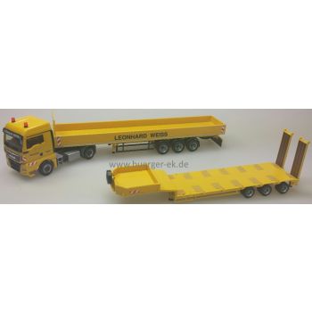 Set: MAN TGX XLX Euro 6c mit Pritschen-Auflieger und Semitieflader, Leonhard Weiss Göppingen