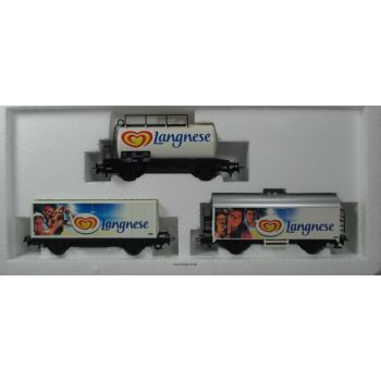 Wagen.Set Langnese, Inhalt: 1) Kesselwagen (4440) Langnese, 2) Containerwagen (4481) Langnese, 3) Gedeckter Güterwagen Langnese