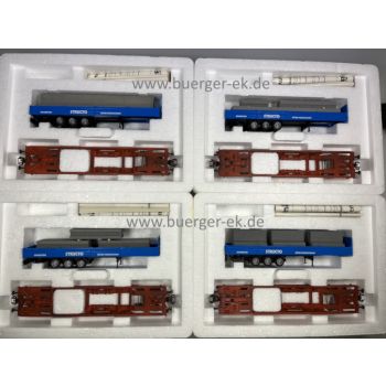 Wagenset Structo Spannbeton SNCB, Inhalt: 4 4-achsige Taschenwagen jeweils beladen mit 4 Sattelaufliegern Spannbeton Structo Beton Precontraint