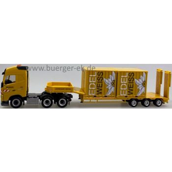 Volvo FH GL 2013 Semitieflade-Sattelzug 3a/3a, 57451 beladen mit 2 10ft.-Edelweißcontainern 71300 + 71301, Leonhard Weiss Bauunternehmung Göppingen