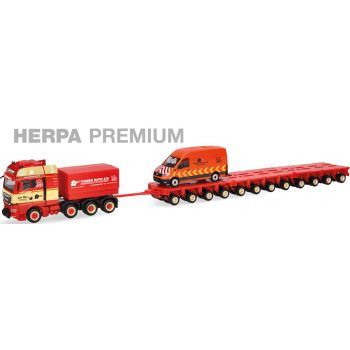 Herpa Premium Torben Rafn, Schwerlast-Set MAN TGX GX Schwerlast-Zugmaschine 4achs mit Tiefladeanhänger 12achs und MAN TGE Kasten Hochd., Sommersted DK
