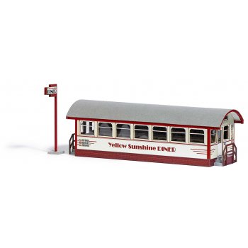 Imbiss - Schnellrestaurant im Baustil eines Eisenbahnwaggons, Bausatz, Größe 13,3 x 4,2 x 5,5 cm
