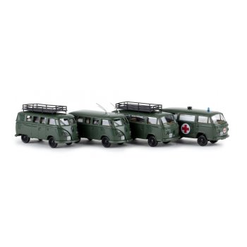 VW Set, Schweizer-Militär mit 4 VW Kombi, Schweiz, Inhalt: 1 VW T1b mit beladendem Dachträger, 1 VW T1b mit 3 Antennen, 2 VW T2 Krankenwagen