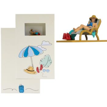 Geschenkbox Urlaub 9x15cm 2,5 hoch im Deckel mit Frau im Liegestuhl die Box öffent sich wie ein Buch mit Magnetverschluß, Platz für ein extra Geschenk