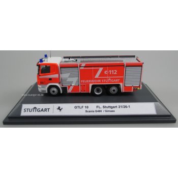 Scania G480 Gimaex GTLF 10, Feuerwehr Stuttgart Plieningen 21/26-1, in Dekovitrine, detailliertes Handarbeitsmodell !, S-FW 2491